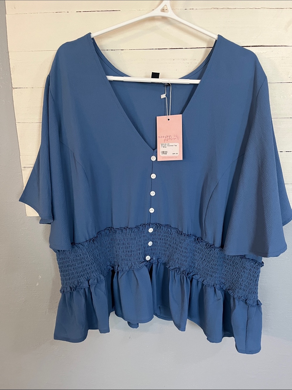 Allison Blue Button-Front Smocked Blouse